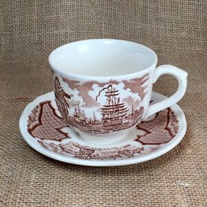 Alfred Meakin Fair Winds Tea Cup and Saucer Brown Transferware Nautical Set